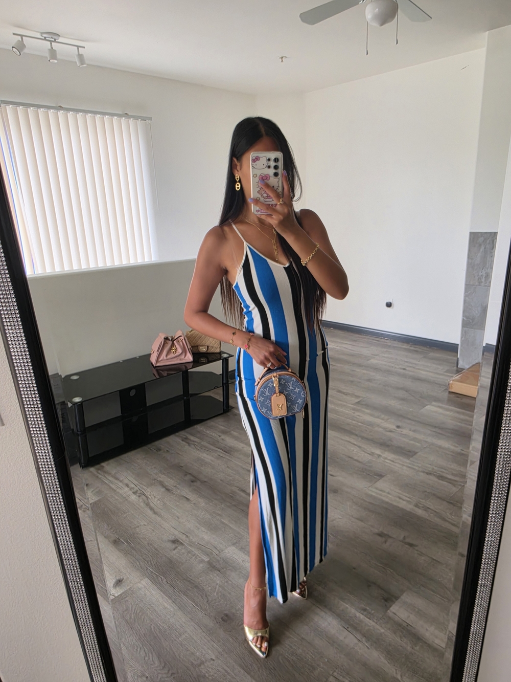 Striped Blue & White Maxi Slip Dress with Side Slit - Picture 4 of 13